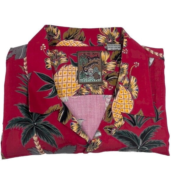 Vintage 90s Pineapple Connection Shirt XL Red Floral Hawaiian Tropical Rayon - Picture 3 of 5